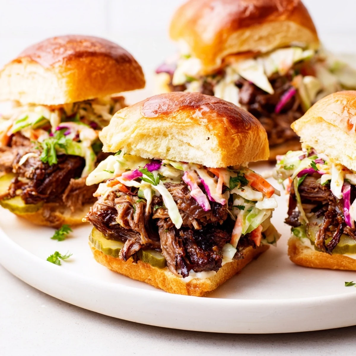 Freshly toasted buns cradle smoky brisket and a crisp, tangy coleslaw, creating the ultimate game-day slider.
