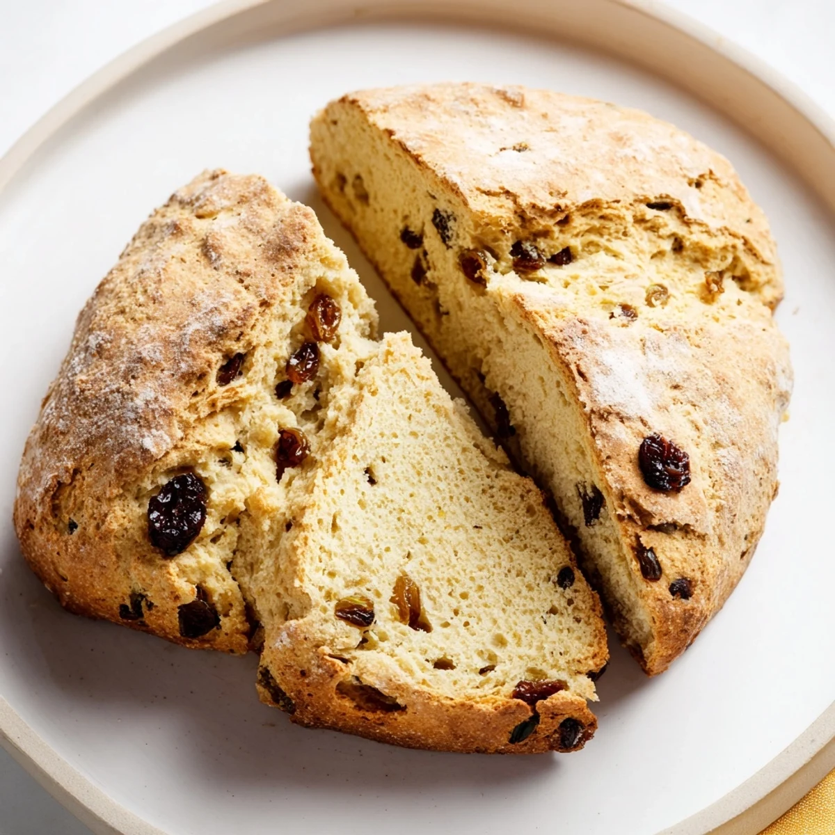 Freshly baked Irish Soda Bread with Raisins and Caraway rests on a wire cooling rack, showing a golden-brown X-cut crust and studded raisins.