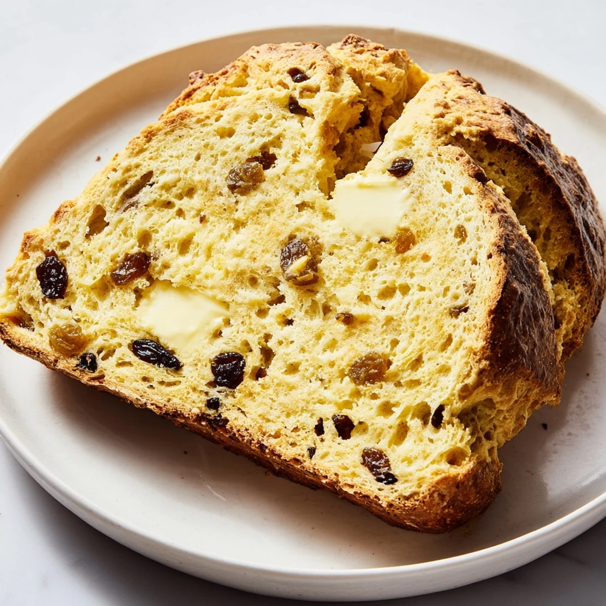 A rustic loaf of Irish Soda Bread with Raisins and Caraway, sliced open to reveal a tender, fluffy crumb and glistening raisins beside a cup of tea.