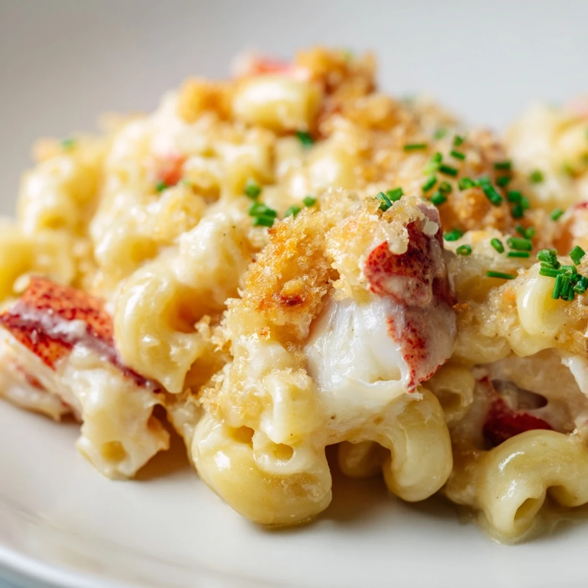 Golden, bubbly Lobster Mac and Cheese with Truffle Oil, served warm from the oven with a crispy panko crust.