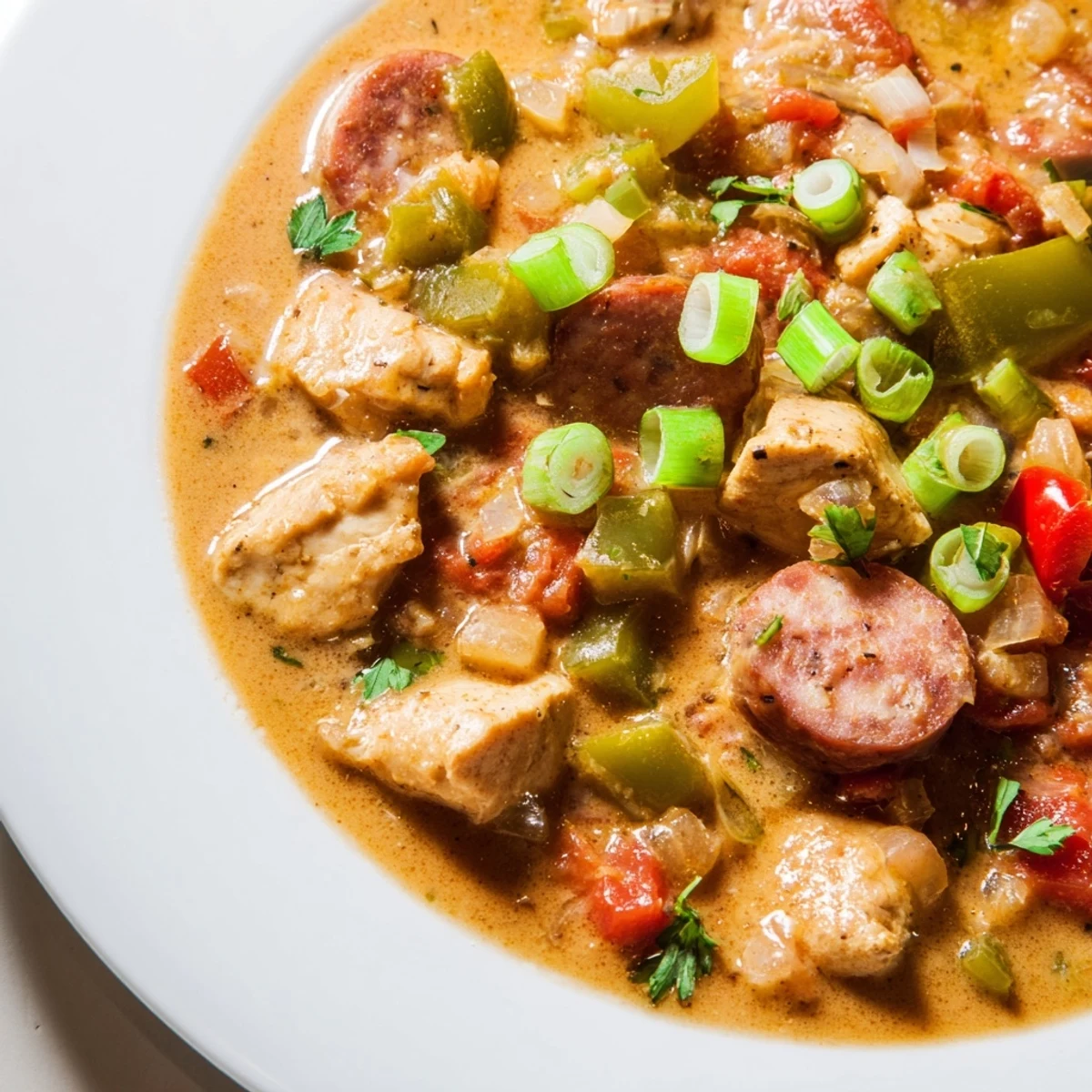 Golden-brown roux and smoky turkey sausage simmer with tender chicken pieces in a hearty Louisiana gumbo, served over fluffy white rice.  