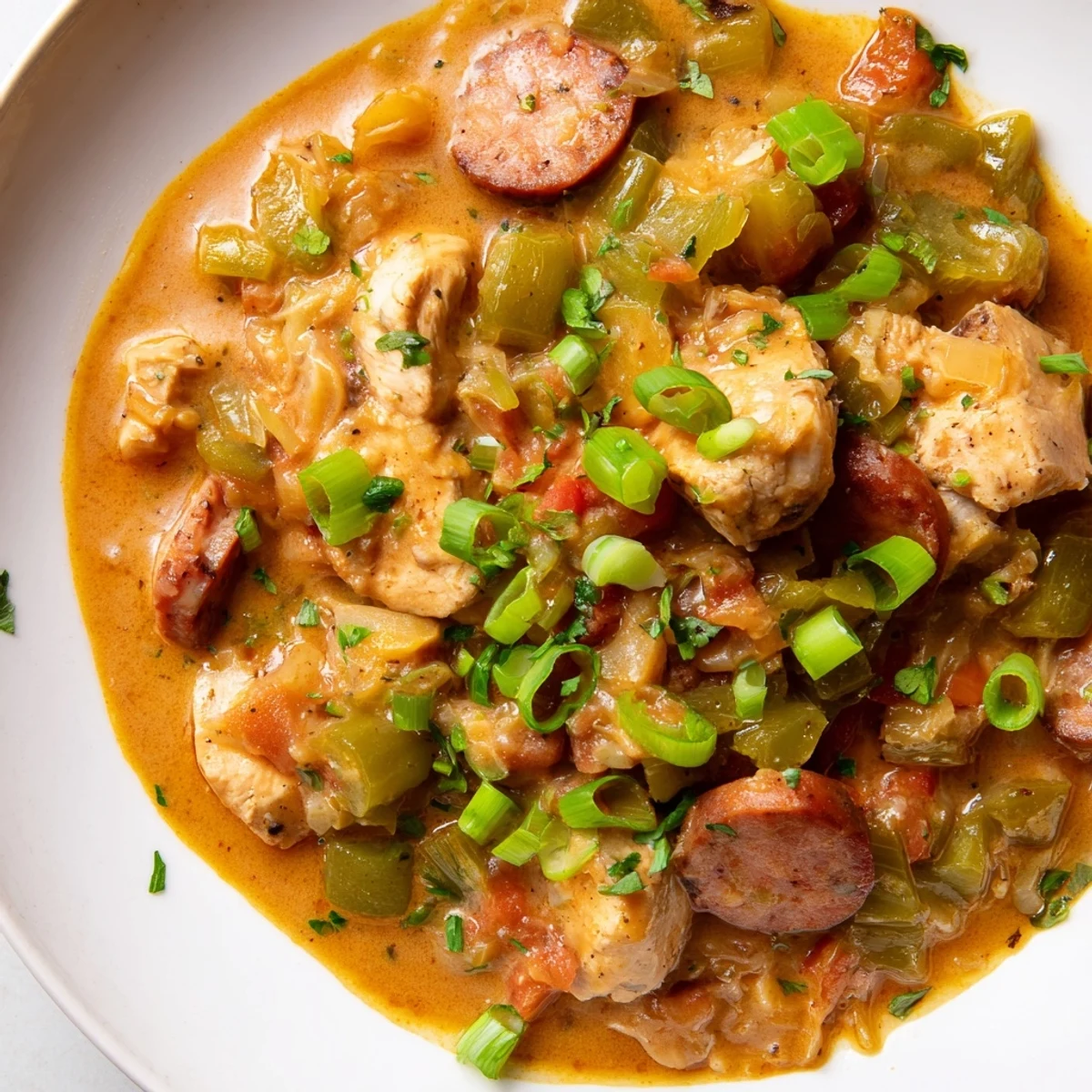 Close-up on steaming Gumbo with Turkey Sausage and Chicken, showcasing the rich, dark broth, okra, and vibrant bell peppers.
