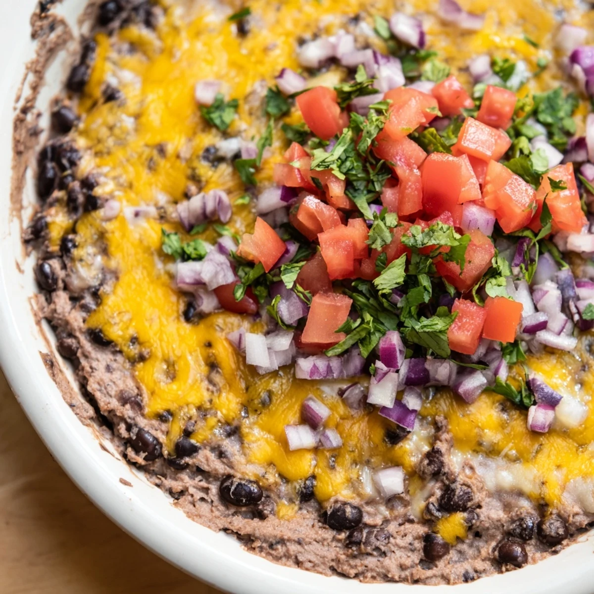 Golden-baked Bean Dip with Cheddar Cheese bubbling in a dish, surrounded by crunchy tortilla chips.