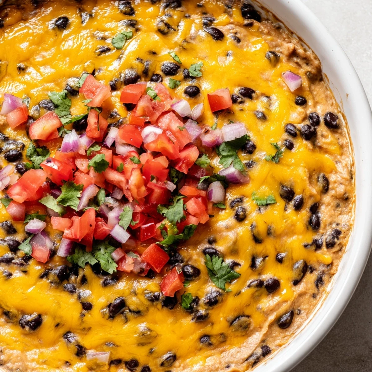 Freshly baked Bean Dip with Cheddar Cheese topped with cilantro and diced tomatoes, ready to serve.