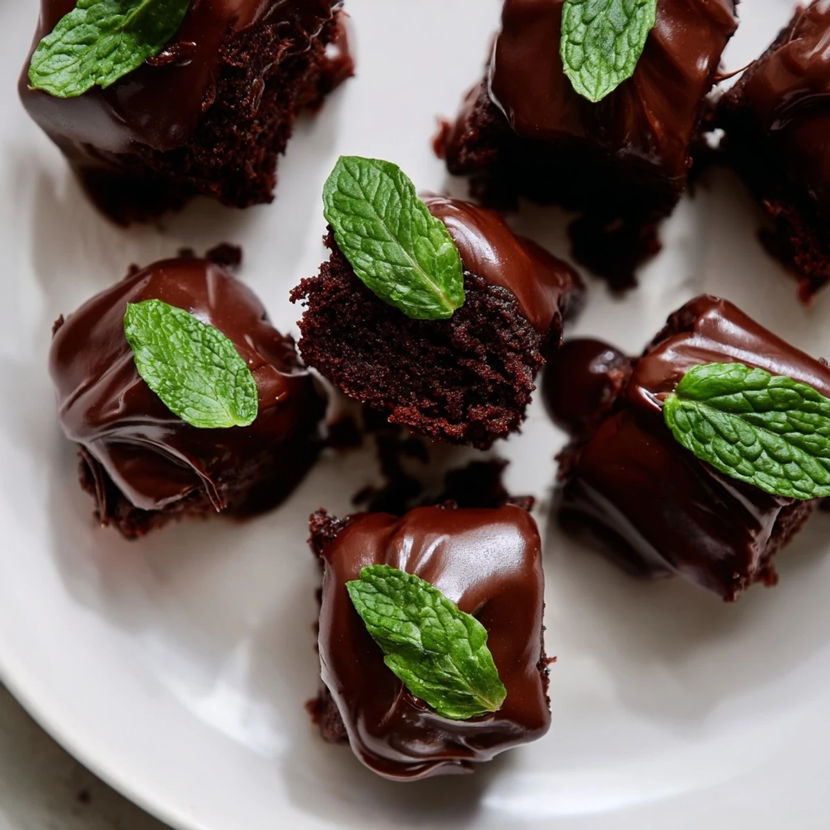 Moist, peppermint-infused Mint Brownie Bites with rich ganache, arranged on a rustic wooden serving board.