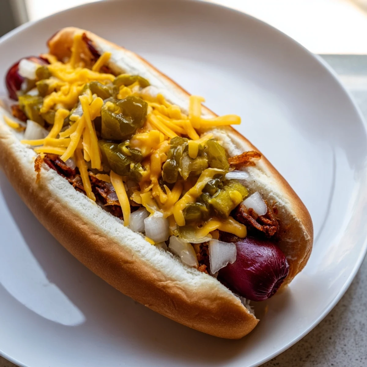 Vibrant Hot Dog Bar with Beef Franks topped with mustard, relish, onions, and shredded cheddar cheese.