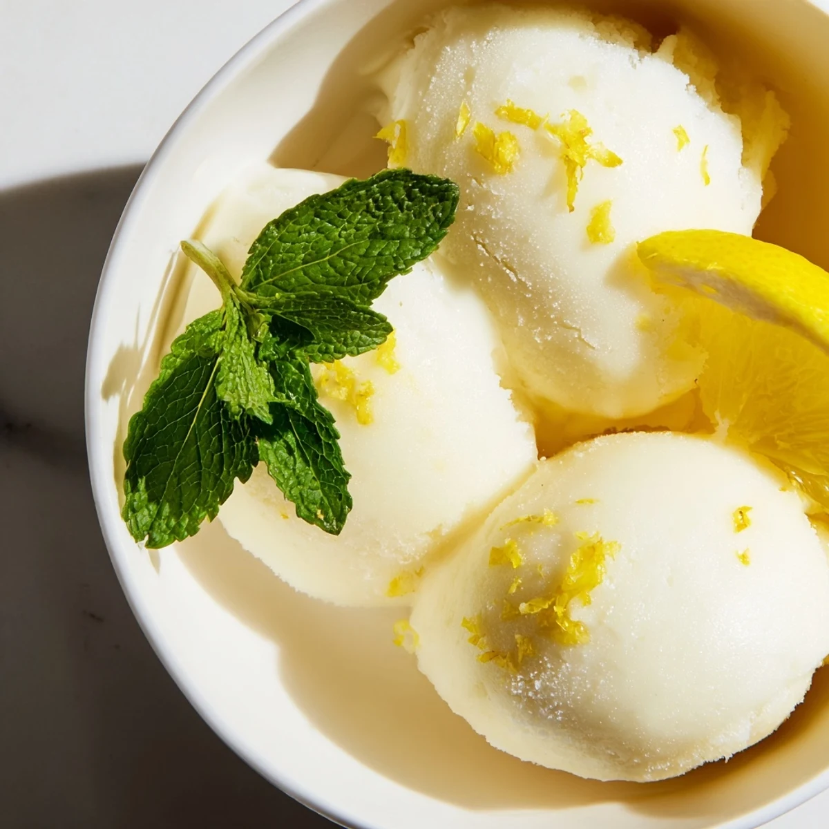 Freshly scooped Lemonade Sorbet with Mint in a chilled glass, garnished with bright lemon slices and a sprig of mint.