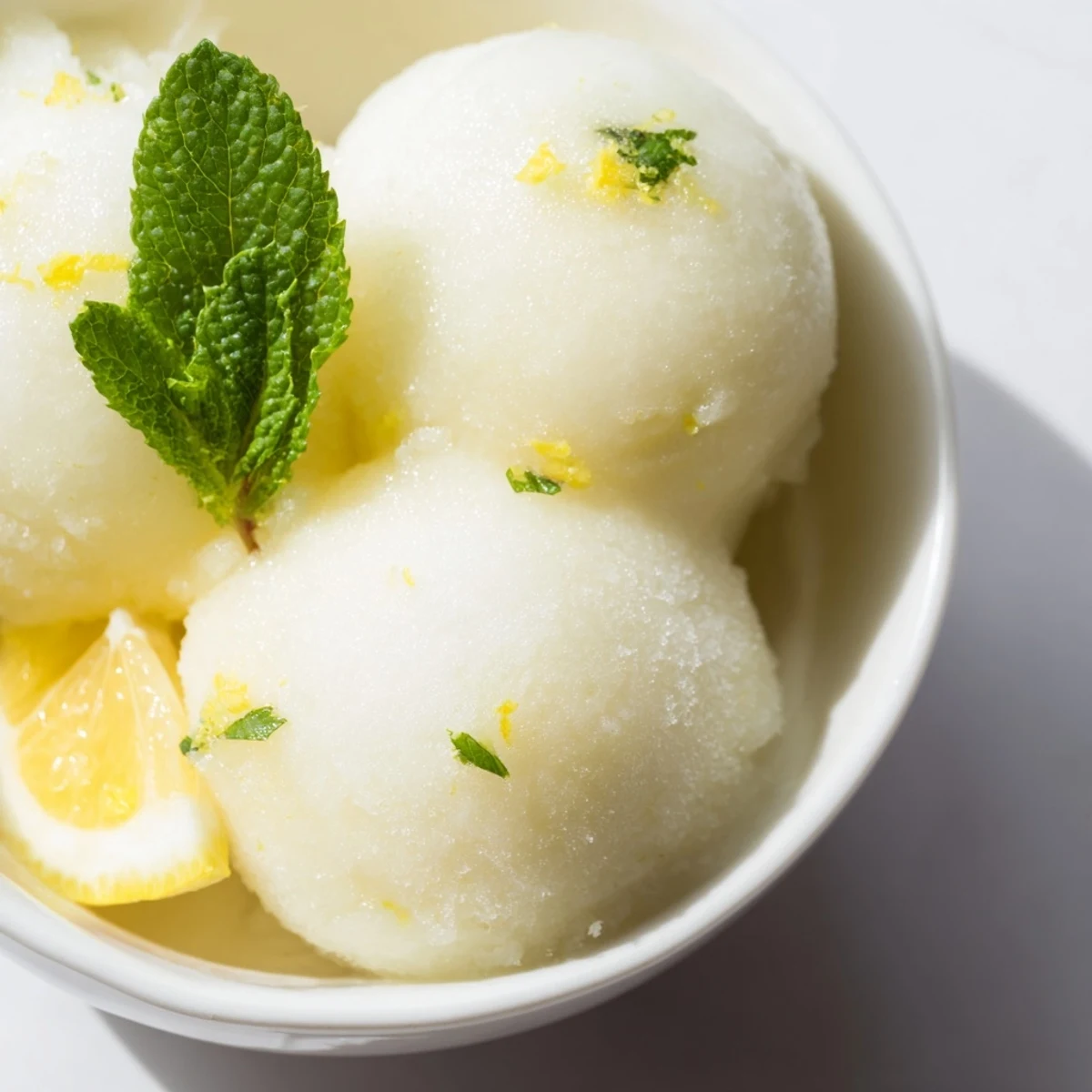 A close-up of Lemonade Sorbet with Mint showing its pale yellow texture and cooling mint leaves on top.