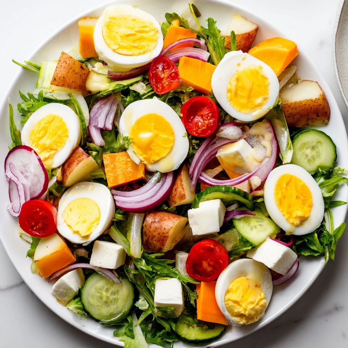 Freshly halved hard-boiled eggs and cubes of sharp Irish cheddar top a vibrant Irish Pub Salad with Hard Boiled Eggs.