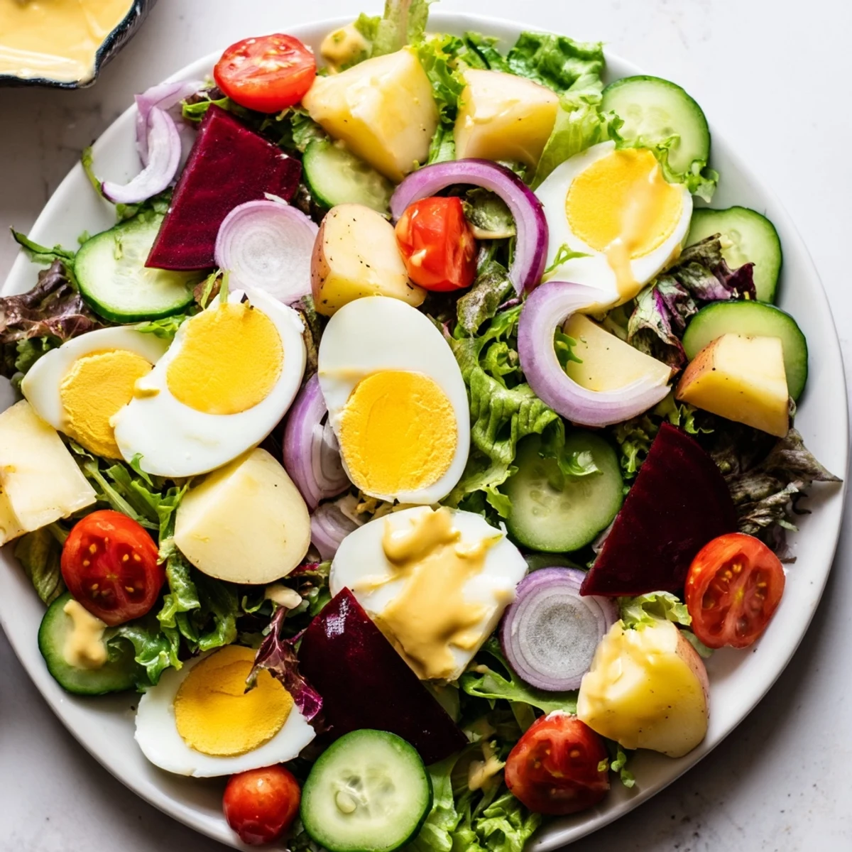 A large serving bowl showcases crisp greens, cherry tomatoes, red onion, and cucumber tossed in a zesty mustard vinaigrette.