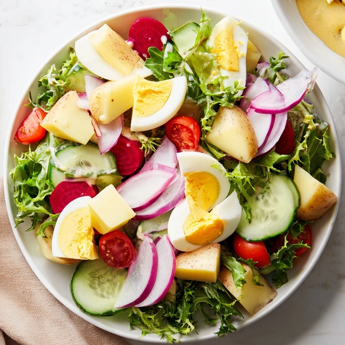 Rustic slices of crusty brown bread and baby potatoes complement the Irish Pub Salad with Hard Boiled Eggs on a wooden table.