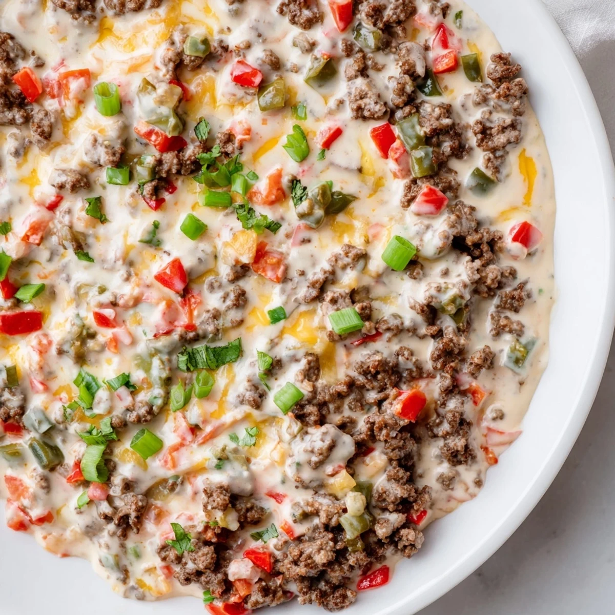 Melty Velveeta and seasoned ground beef blended with red and green peppers create a colorful, Tex-Mex style Queso Dip with Ground Beef and Peppers.