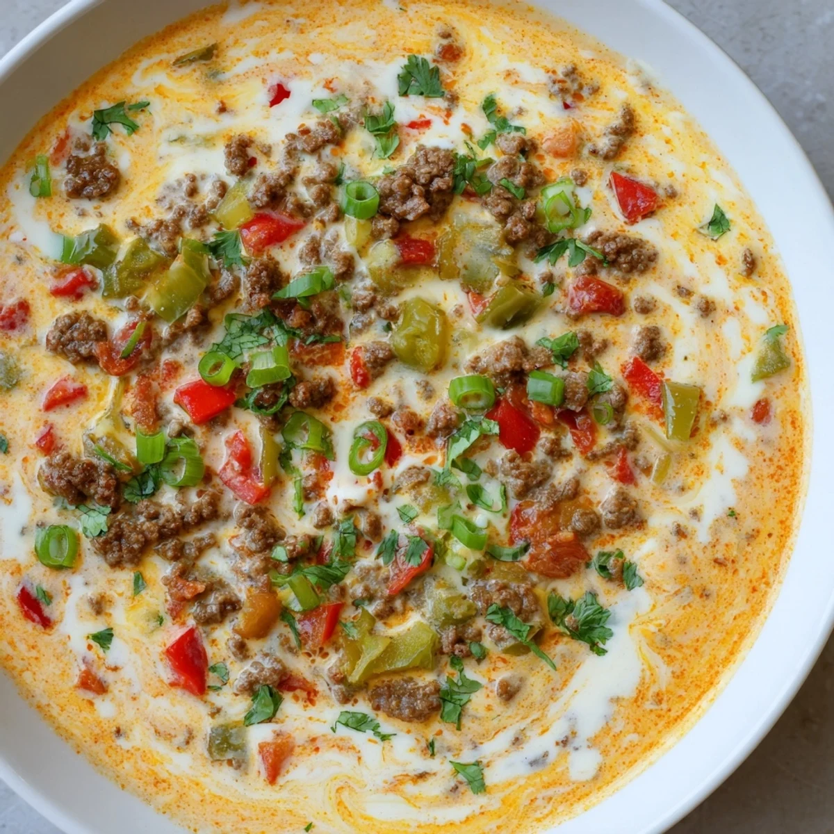 A party-size bowl of hearty Queso Dip with Ground Beef and Peppers, bubbling and topped with green onions, ideal for game day snacking.