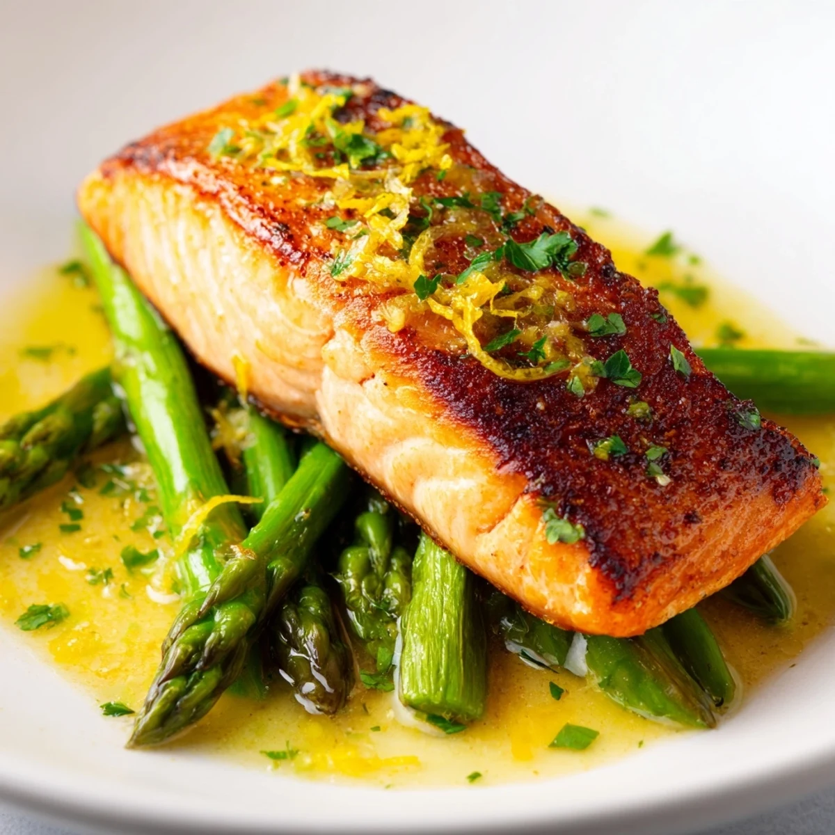 Golden-brown pan seared salmon with asparagus spears topped with fresh parsley and a drizzle of lemon butter sauce.