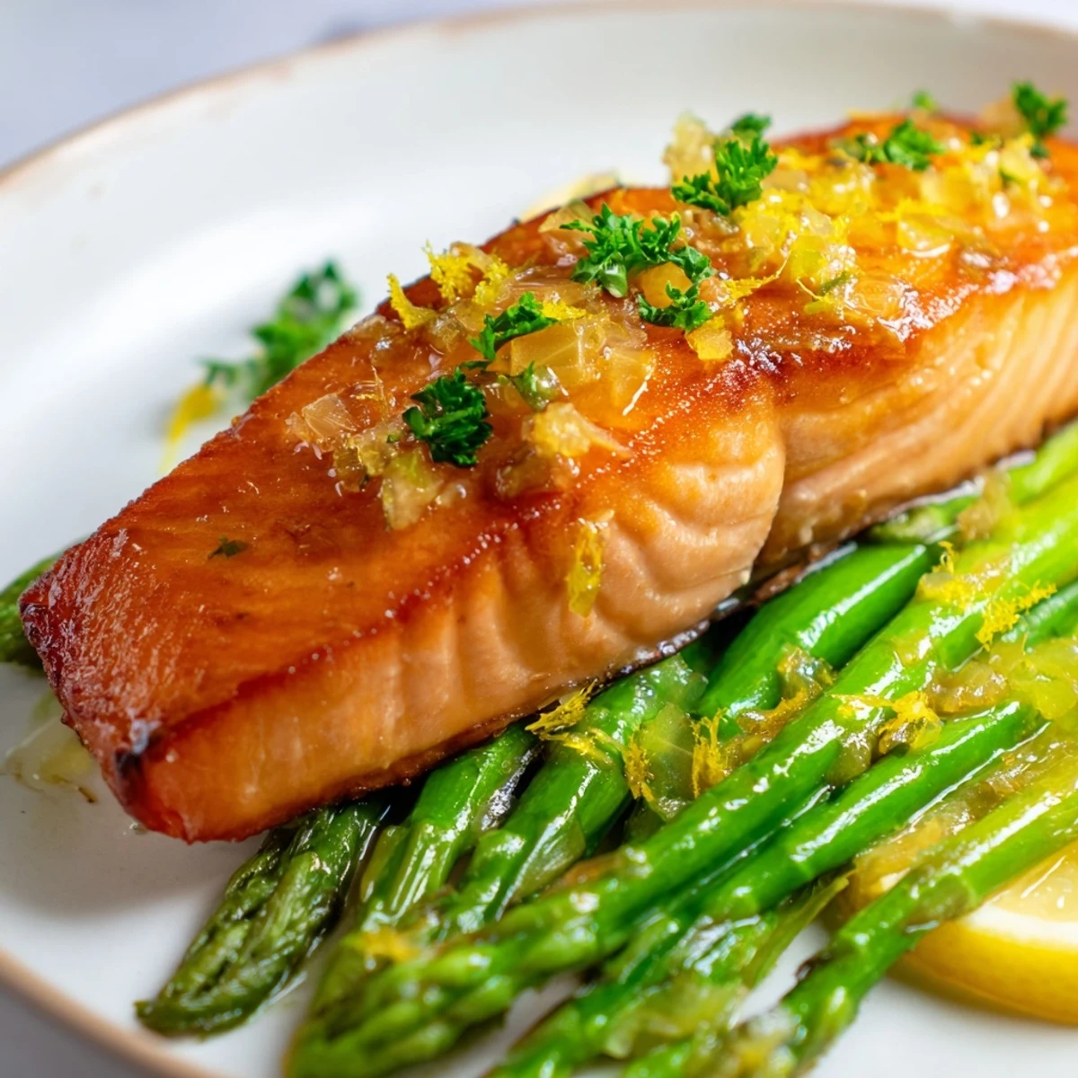 A close-up of flaky pan seared salmon with asparagus on a white plate, showcasing a healthy weeknight dinner.