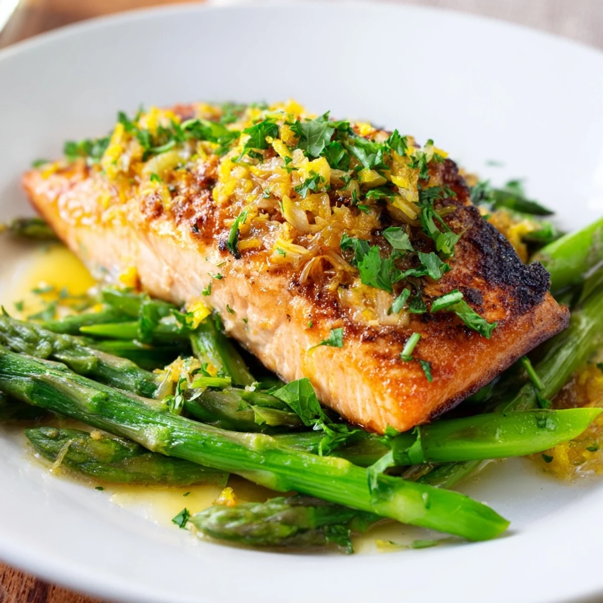 Freshly cooked pan seared salmon with asparagus served alongside lemon wedges on a rustic wooden table.