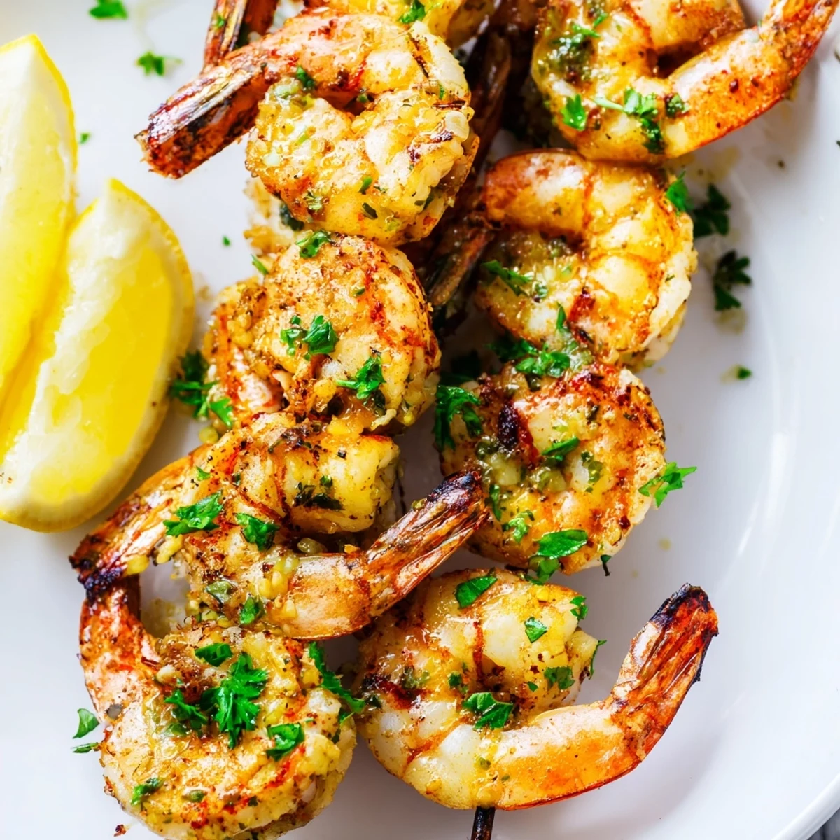 Juicy Spiced Grilled Shrimp Skewers sizzling on a grill with visible char marks and steam rising.