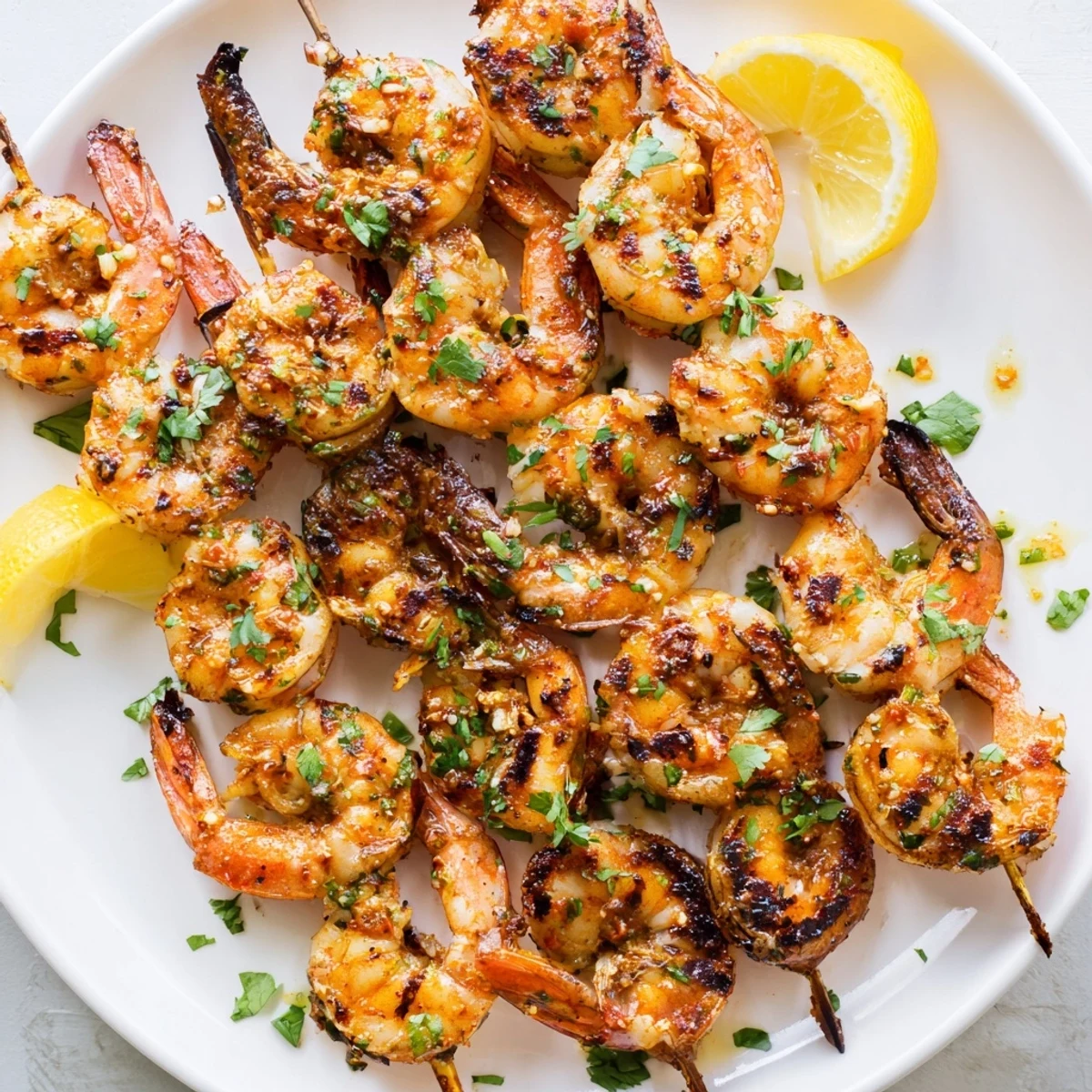 Golden-brown Spiced Grilled Shrimp Skewers served on a platter with fresh cilantro and lemon wedges.