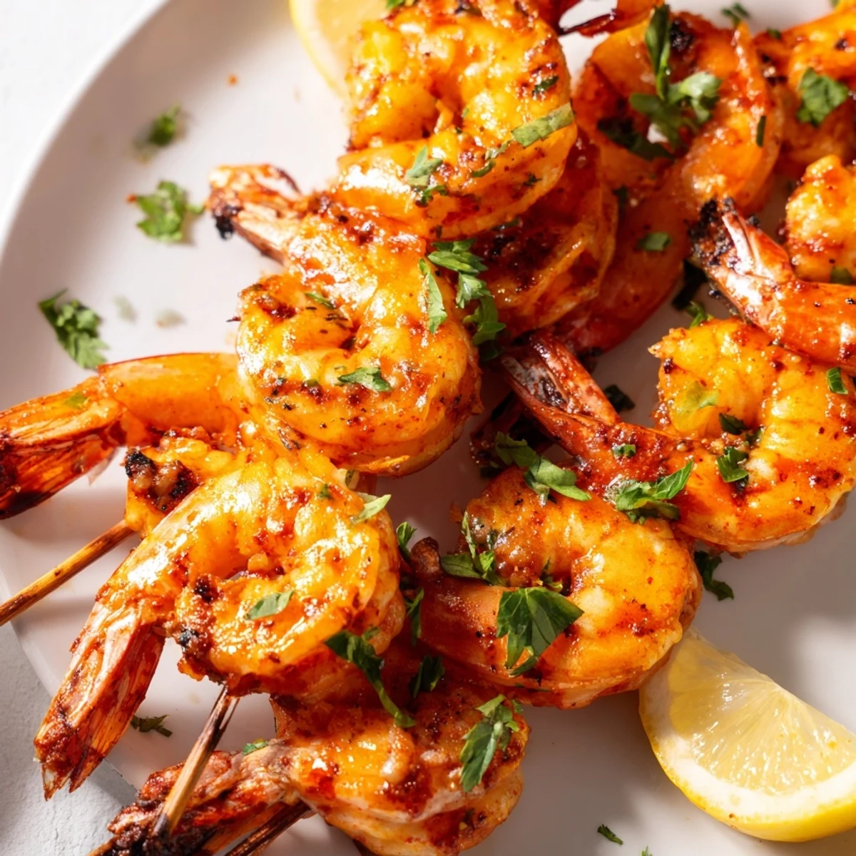 Plated Spiced Grilled Shrimp Skewers with fluffy rice and a crisp green salad, perfect for dinner.