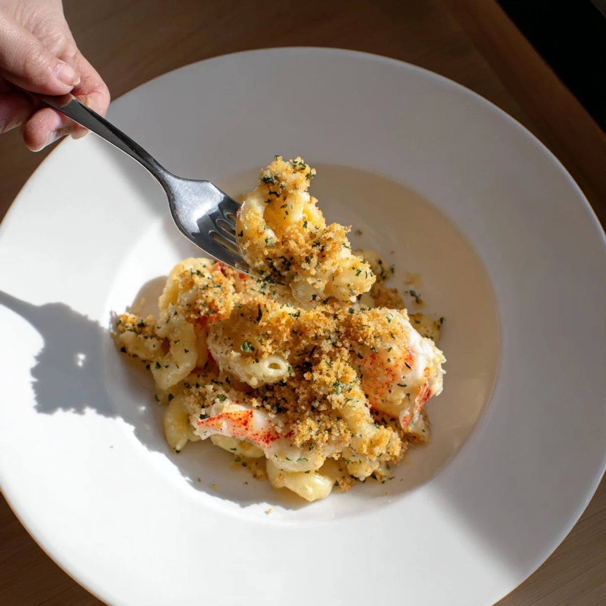 Golden baked Lobster Mac and Cheese with truffle oil, featuring a crispy panko topping on creamy pasta.