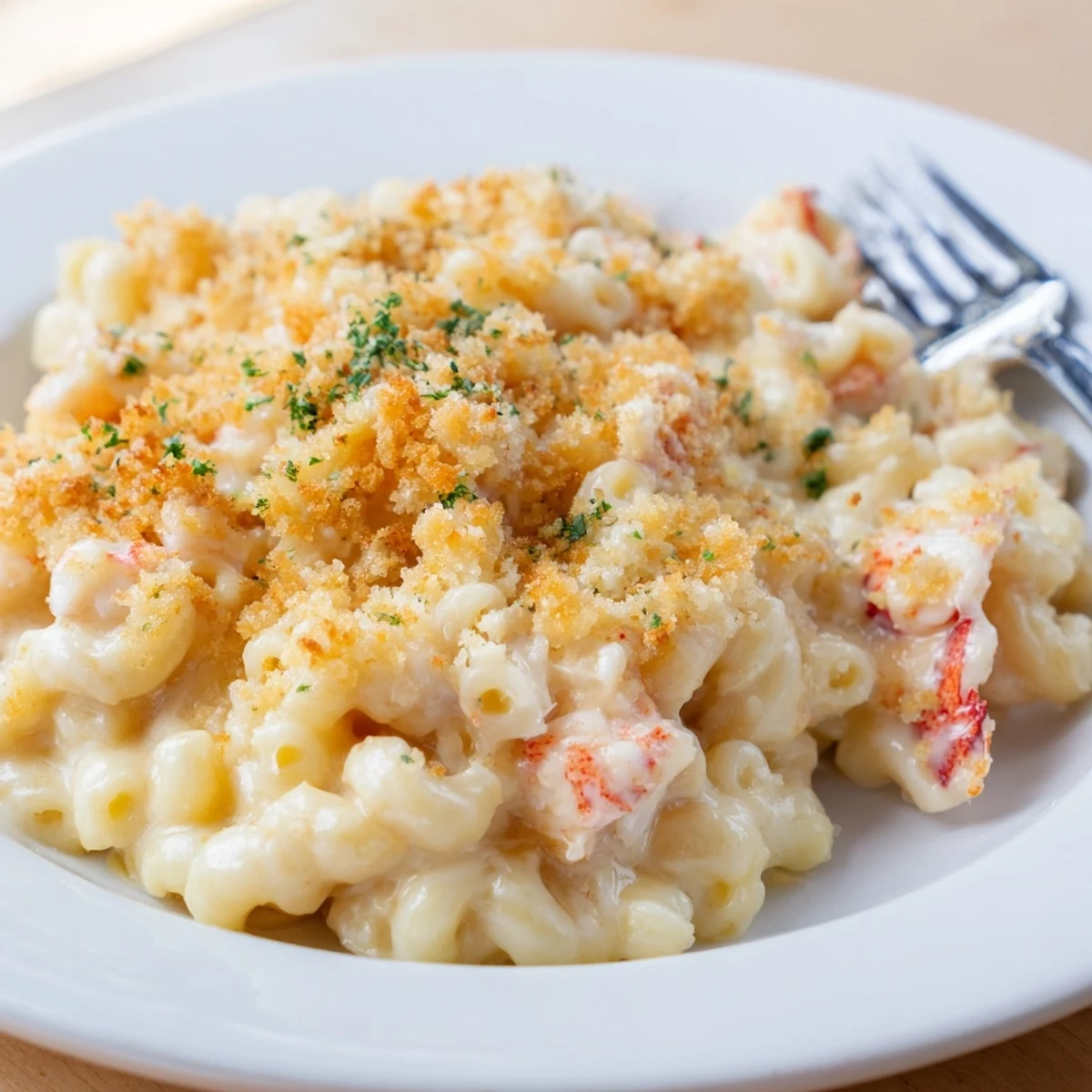 Freshly baked Lobster Mac and Cheese with truffle oil, served hot and bubbly in a white baking dish.