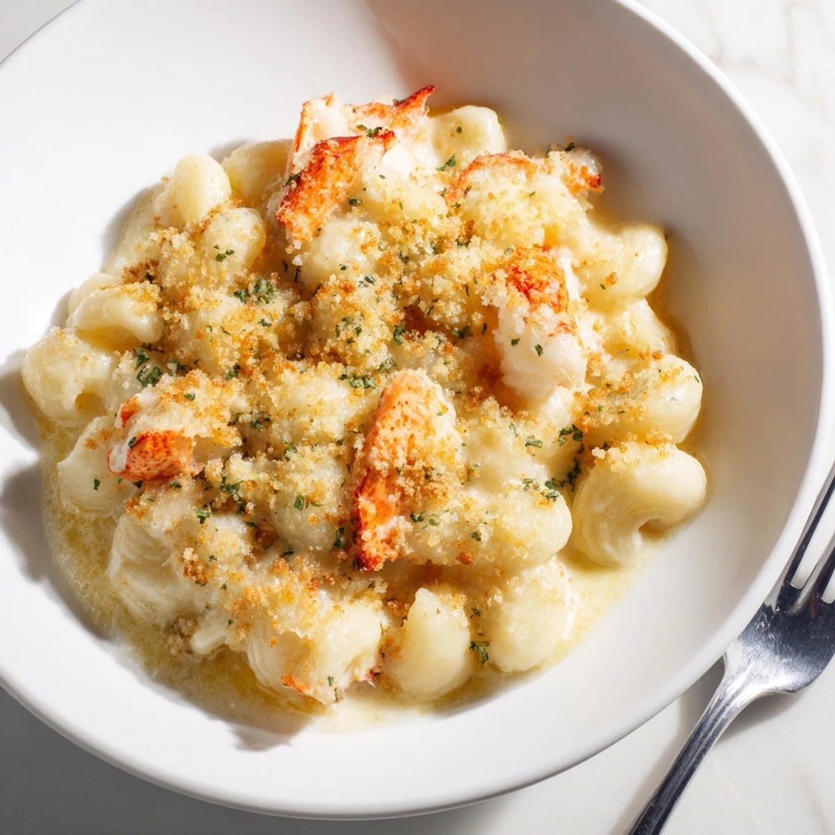 Creamy Lobster Mac and Cheese with truffle oil and chopped parsley, emerging golden-brown from the oven.