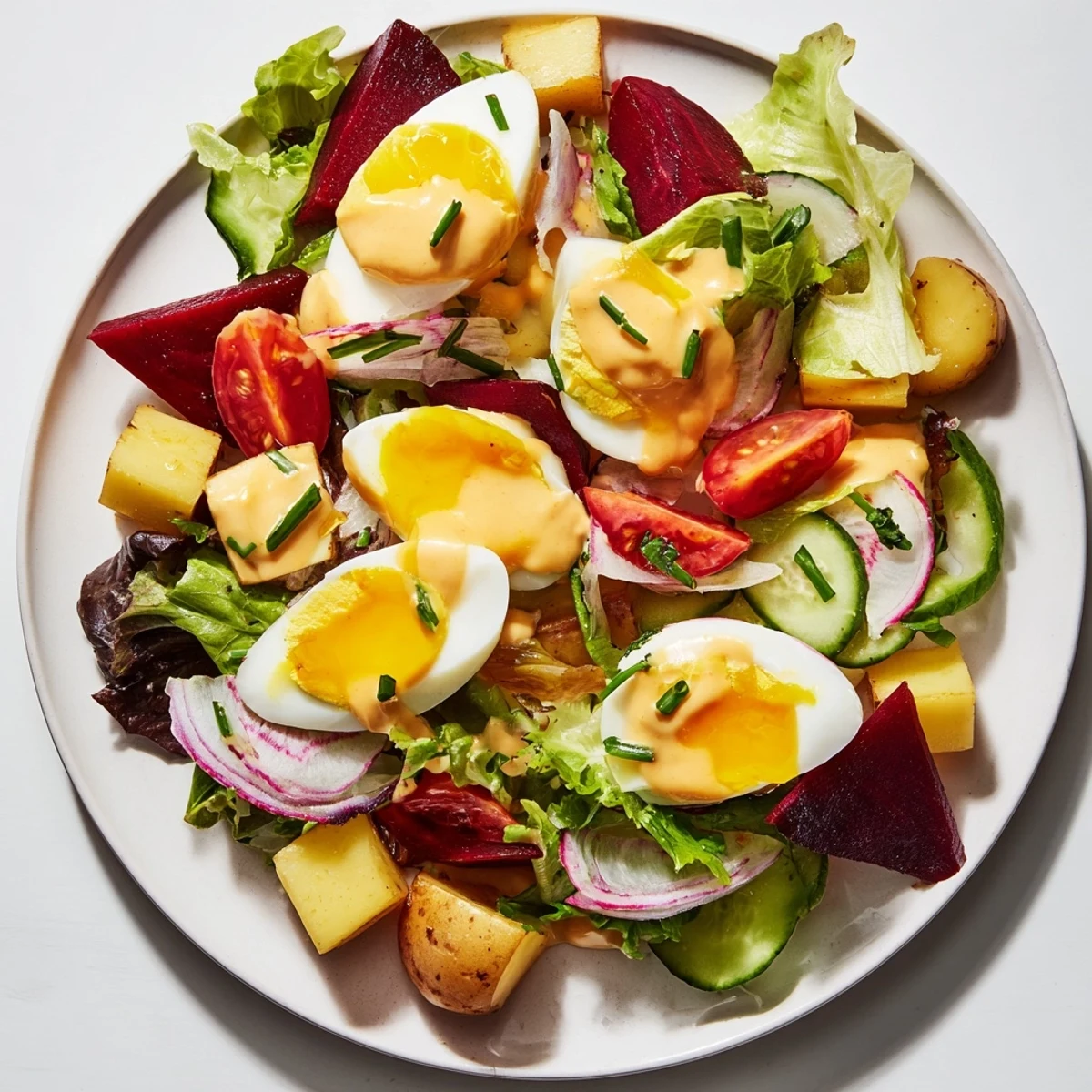Vibrant Irish Pub Salad with Hard Boiled Eggs garnished with chives on a rustic wooden table.