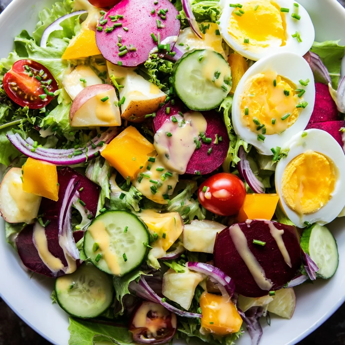 Platter of Irish Pub Salad featuring hard boiled eggs, sharp cheddar, potatoes, and mustard vinaigrette.