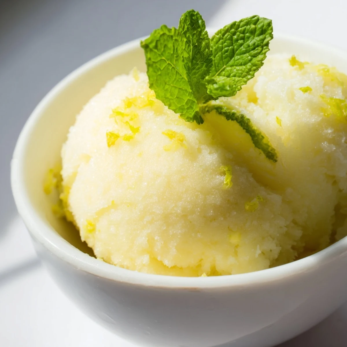 Bright yellow Lemonade Sorbet with Mint Garnish served in a clear glass bowl, showcasing its smooth, icy texture and vibrant citrus color.  