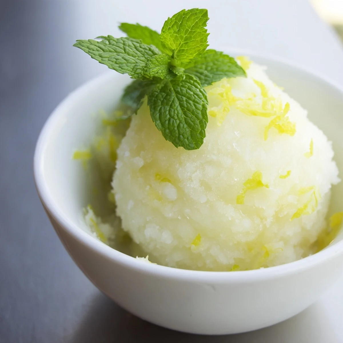 Homemade Lemonade Sorbet with Mint Garnish features a bright yellow hue and fresh green mint leaves for a perfect palate cleanser.