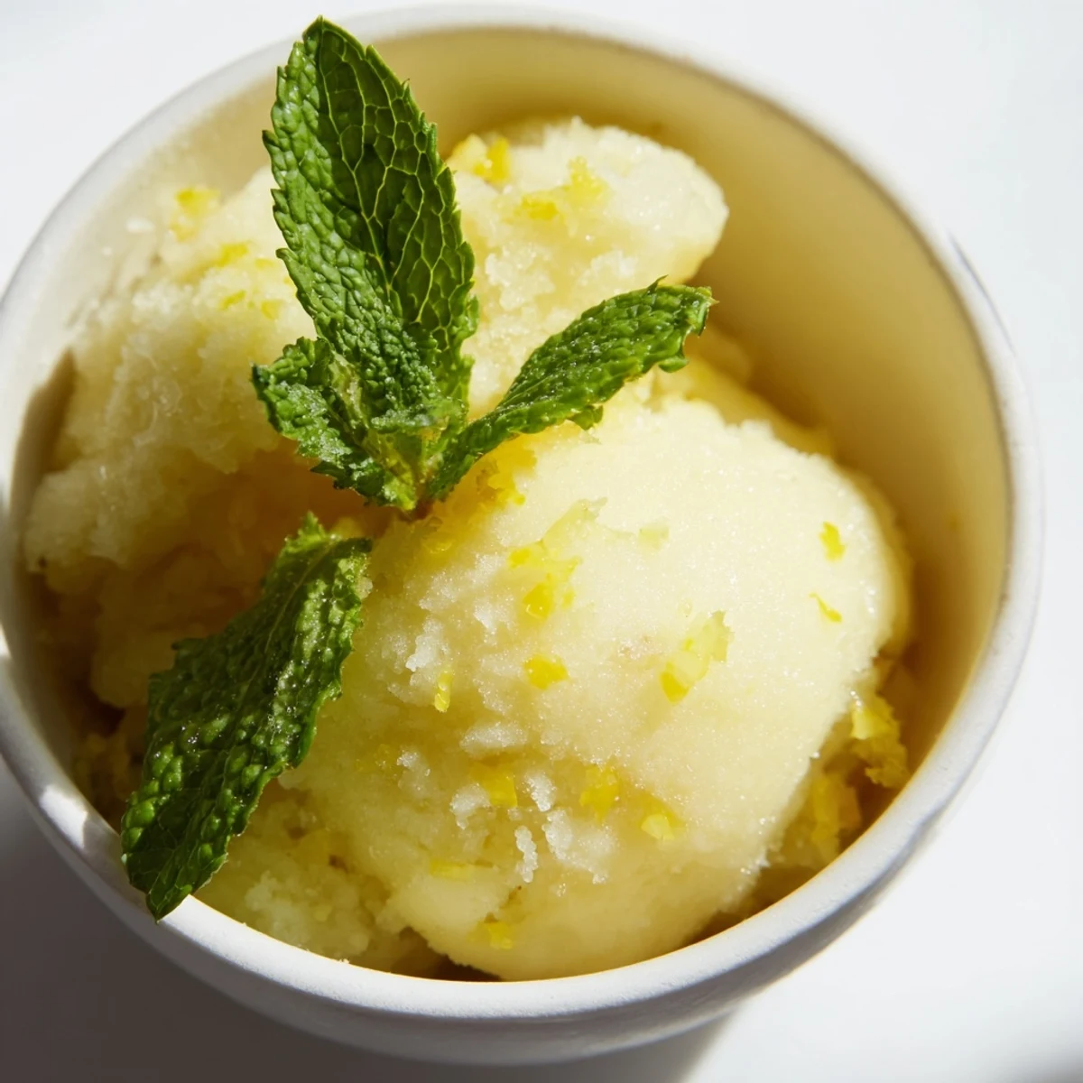 A scoop of Lemonade Sorbet with Mint Garnish glistens with condensation, offering a refreshing and tangy summer dessert idea.  