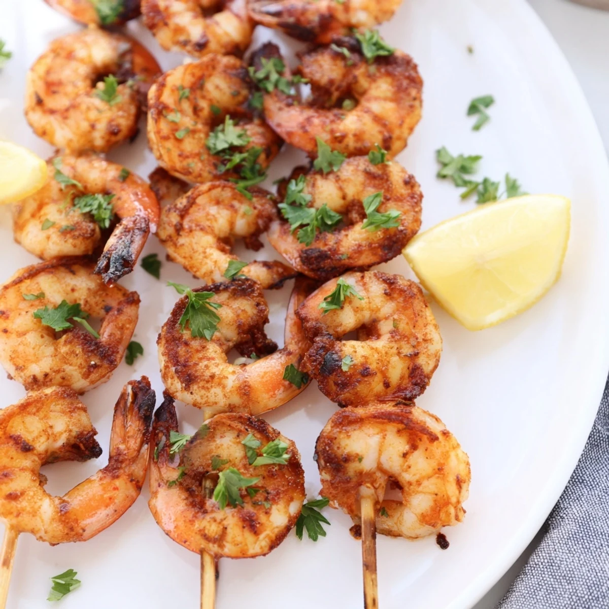 Sizzling Spiced Grilled Shrimp Skewers with Lemon, showcasing juicy shrimp marinated in spices and grilled to perfection on a wooden plank.