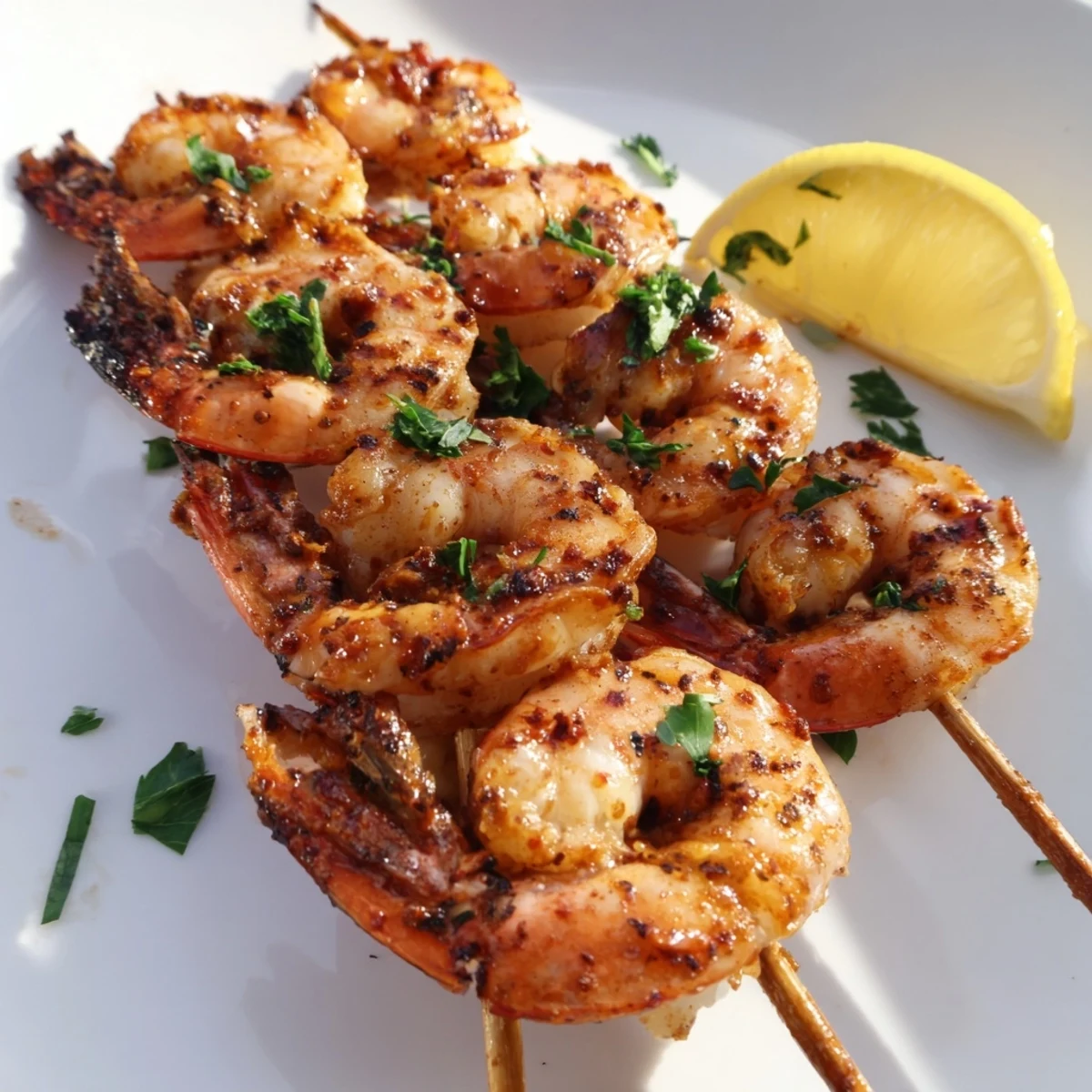 Spiced Grilled Shrimp Skewers with Lemon, featuring pink, lightly charred shrimp on a grill with fresh parsley and lemon wedges.