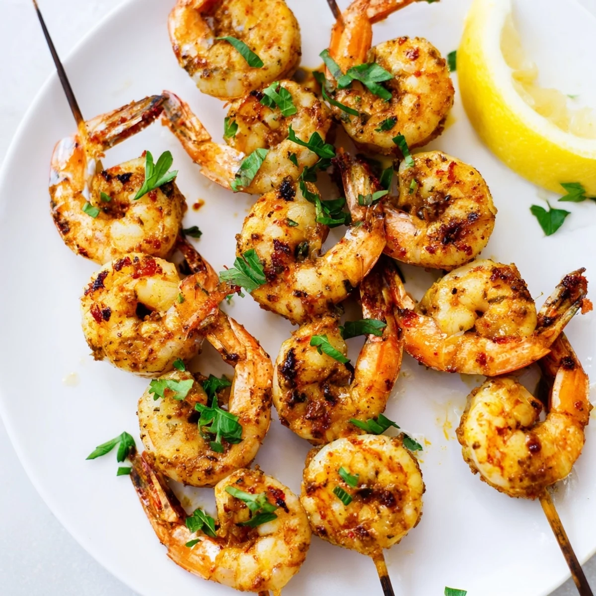 A close-up of Spiced Grilled Shrimp Skewers with Lemon, with vibrant lemon wedges and chopped parsley on a rustic serving plate.