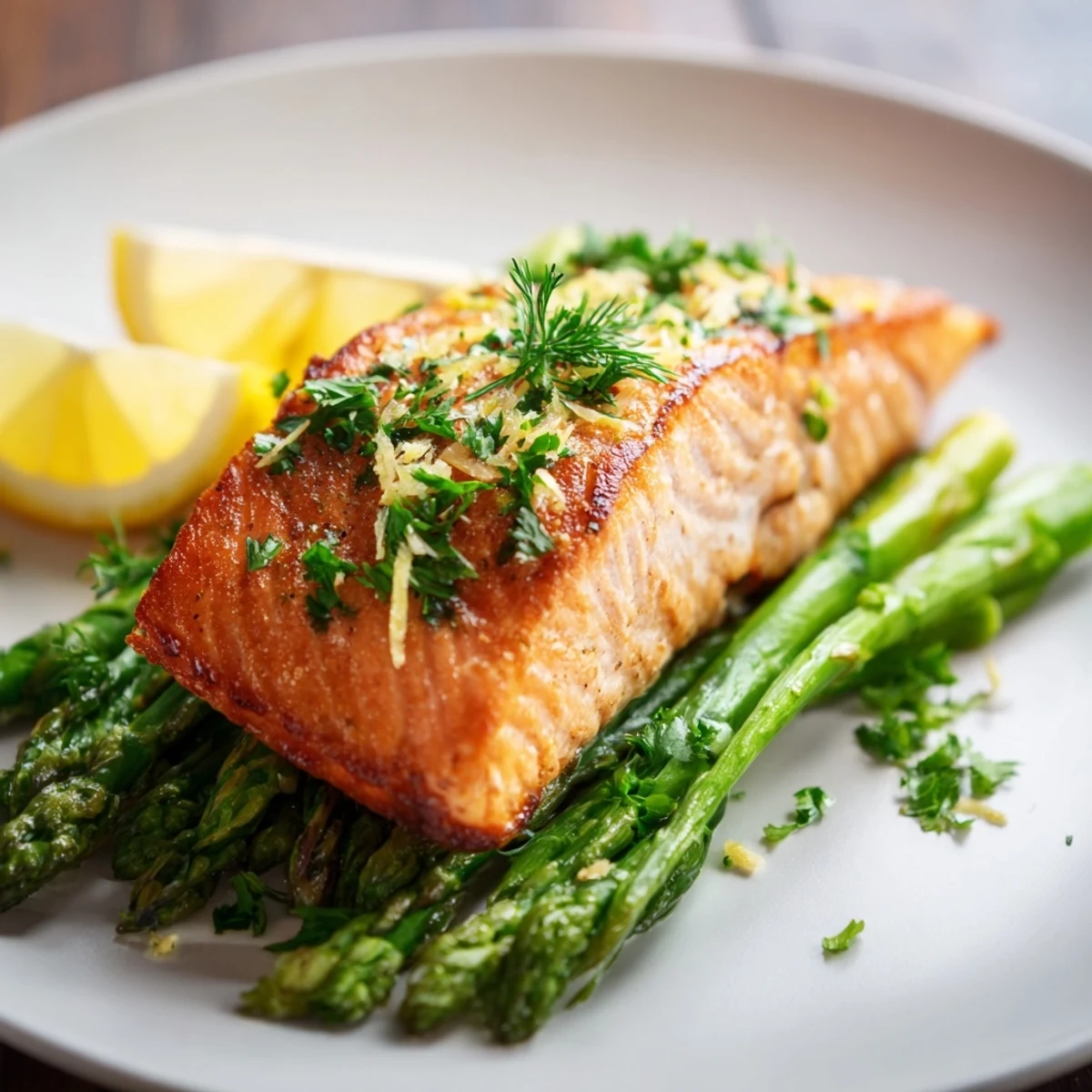 Crispy-skinned pan seared salmon fillets paired with bright green asparagus spears and fresh lemon wedges on a rustic plate.  