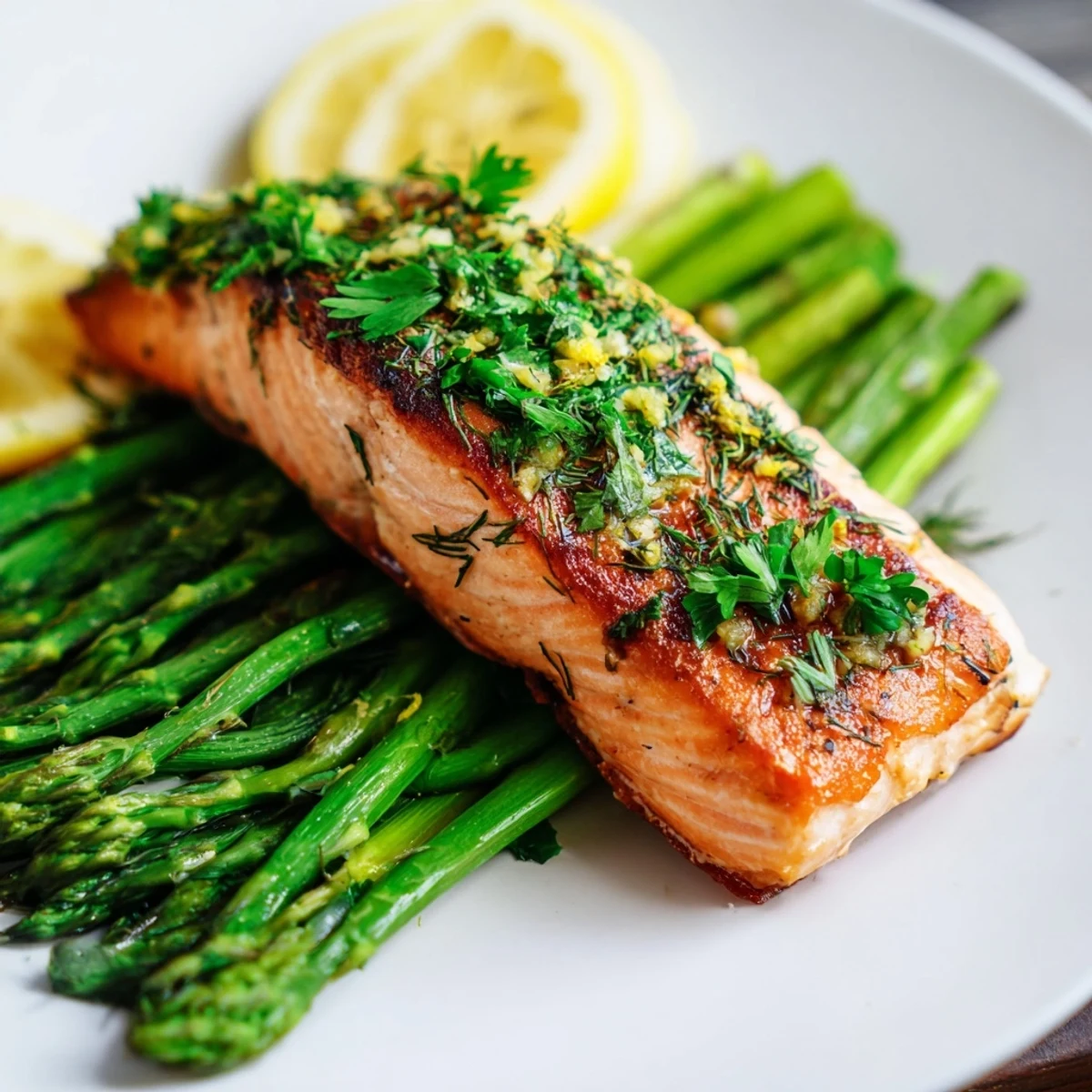 Golden pan seared salmon with asparagus spears, drizzled with lemon butter sauce and fresh dill for a light weeknight meal.