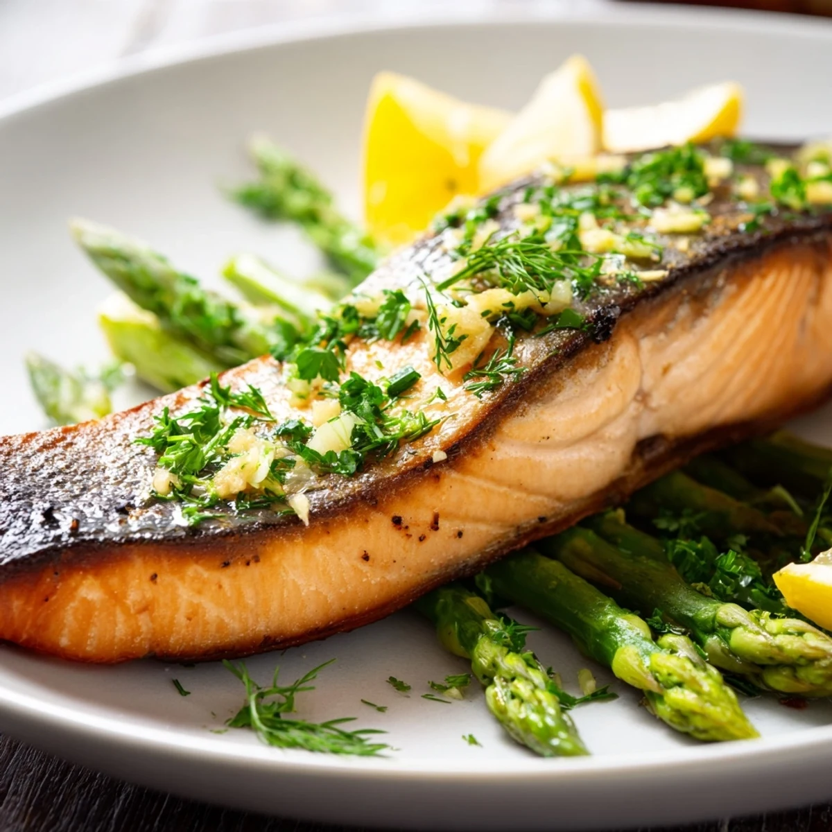 A healthy pan seared salmon with asparagus spears dinner, garnished with herbs and served alongside roasted potatoes.  