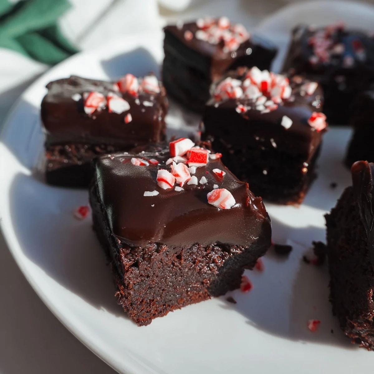 A close-up of Mint Brownie Bites with Ganache on a wooden board, highlighting the fudgy texture and glossy chocolate coating.