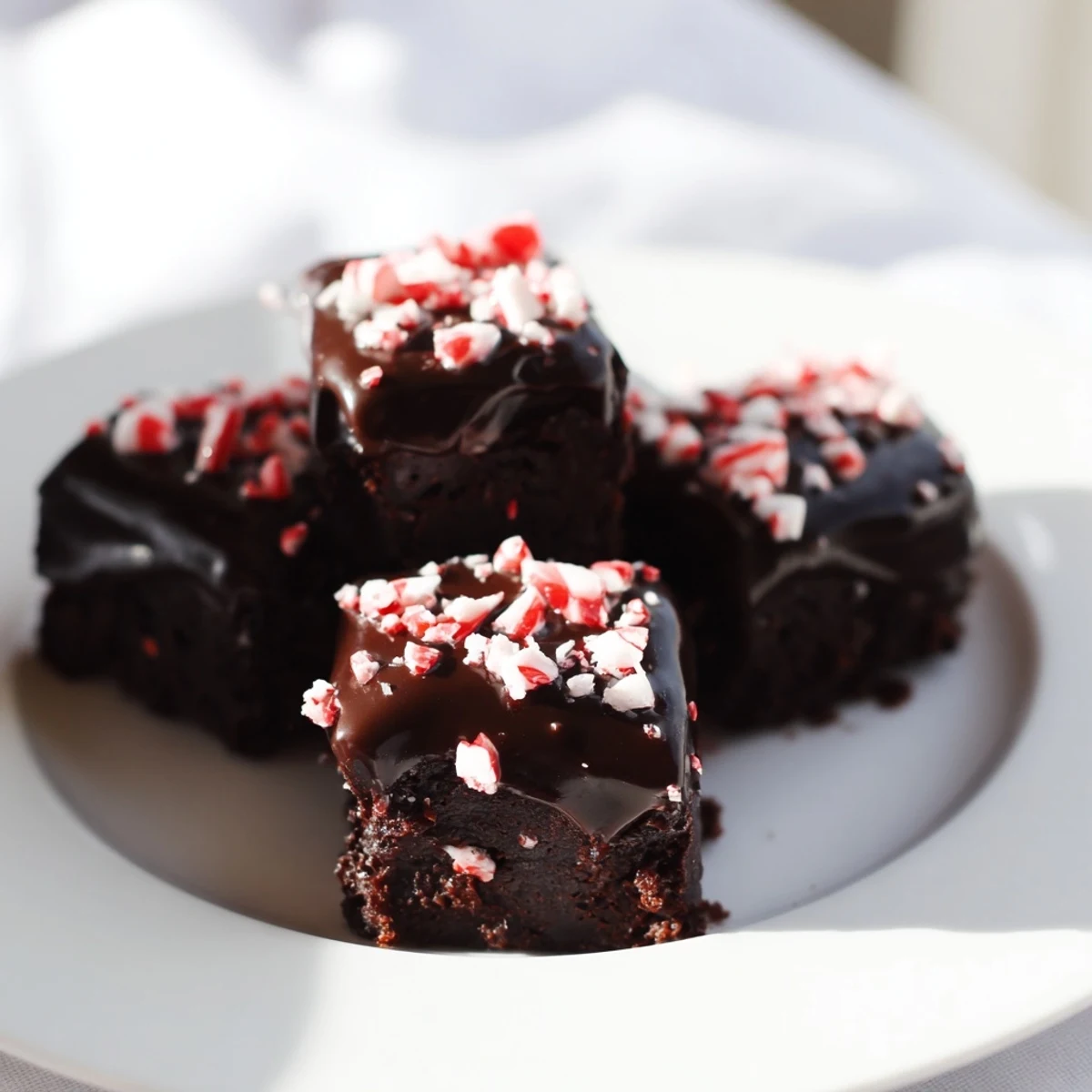 A batch of freshly baked Mint Brownie Bites with Ganache, garnished with crushed peppermint candies, arranged neatly on a cooling rack.