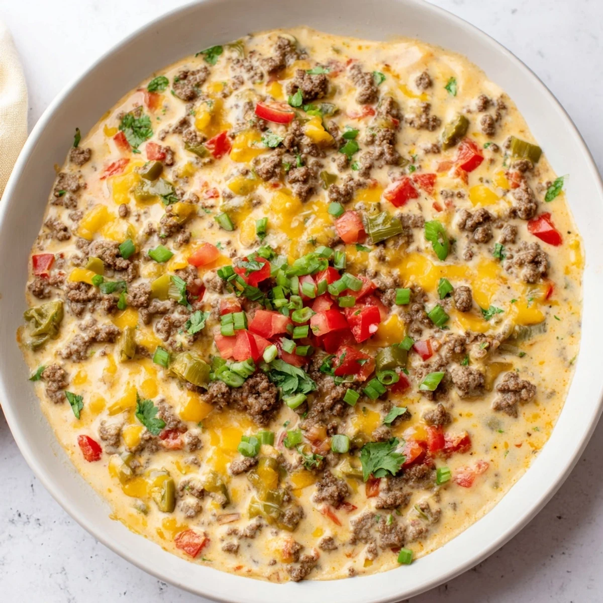 Creamy Queso Dip with Ground Beef and Peppers served warm with tortilla chips for a festive party appetizer.