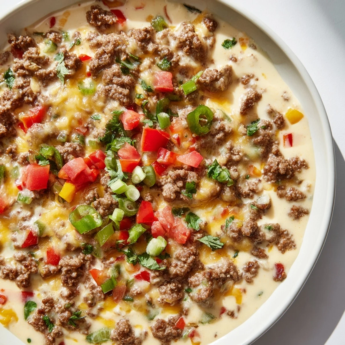 A skillet of Queso Dip with Ground Beef and Peppers, topped with cilantro and diced tomatoes for a fresh finish.