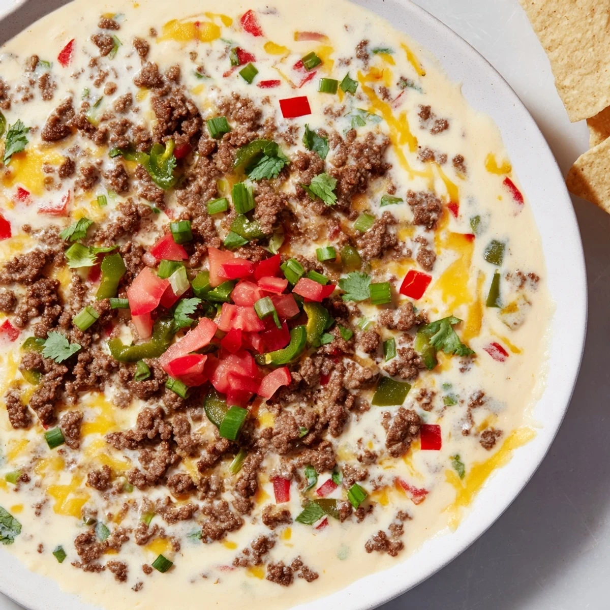 Hearty Queso Dip with Ground Beef and Peppers bubbling with melted cheese and colorful bell peppers, perfect for game day.