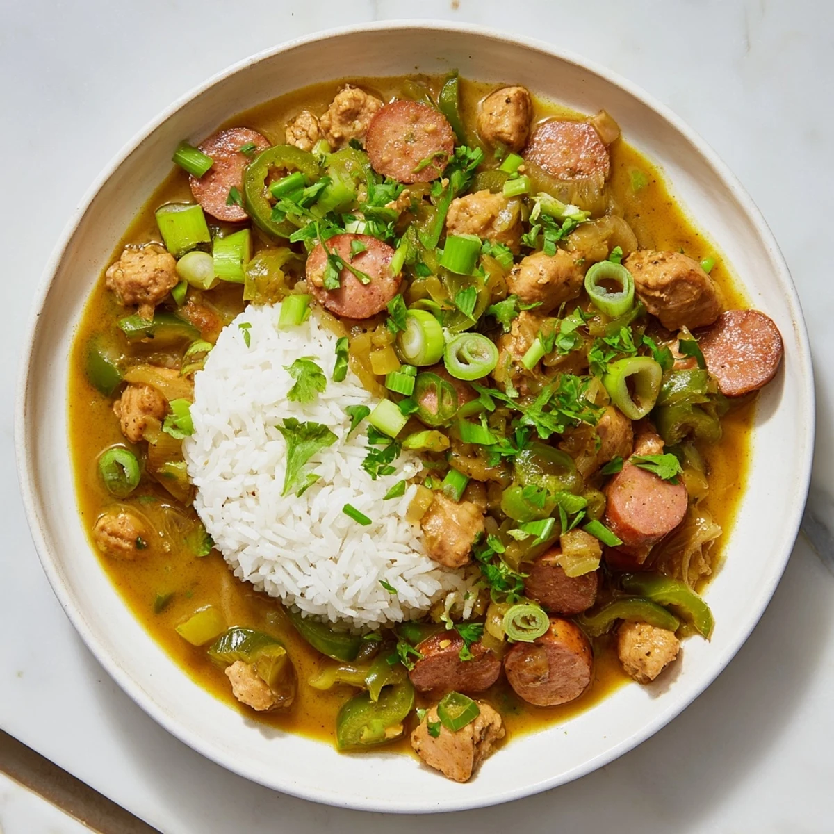 A steaming bowl of Gumbo with Turkey Sausage and Chicken served over white rice, garnished with fresh parsley.  