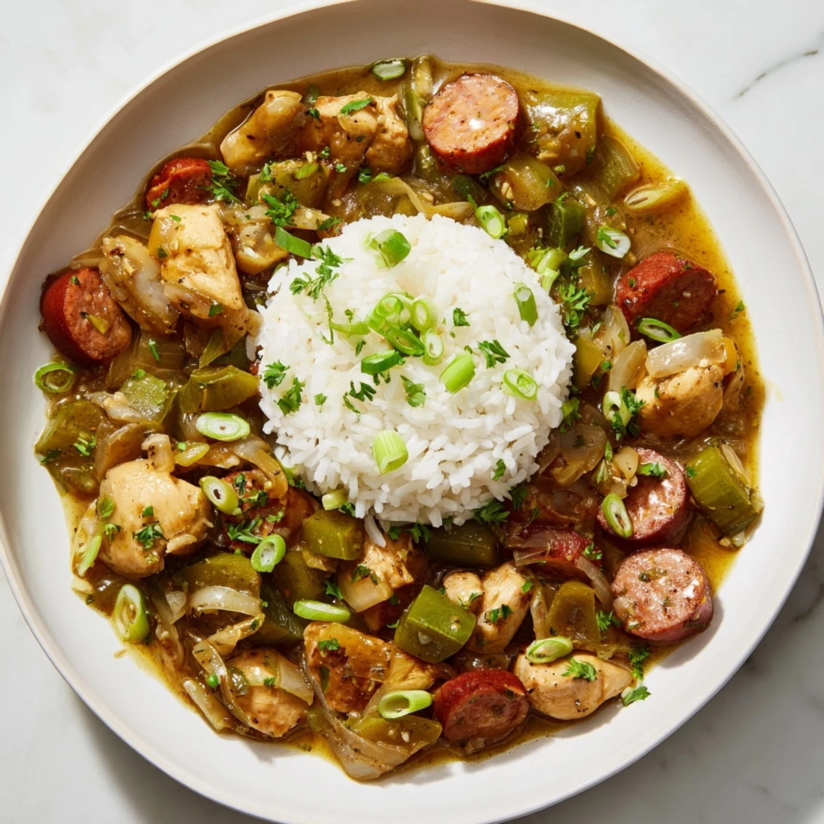 Gumbo with Turkey Sausage and Chicken simmering in a pot, featuring a rich, dark roux and tender chunks of meat.  