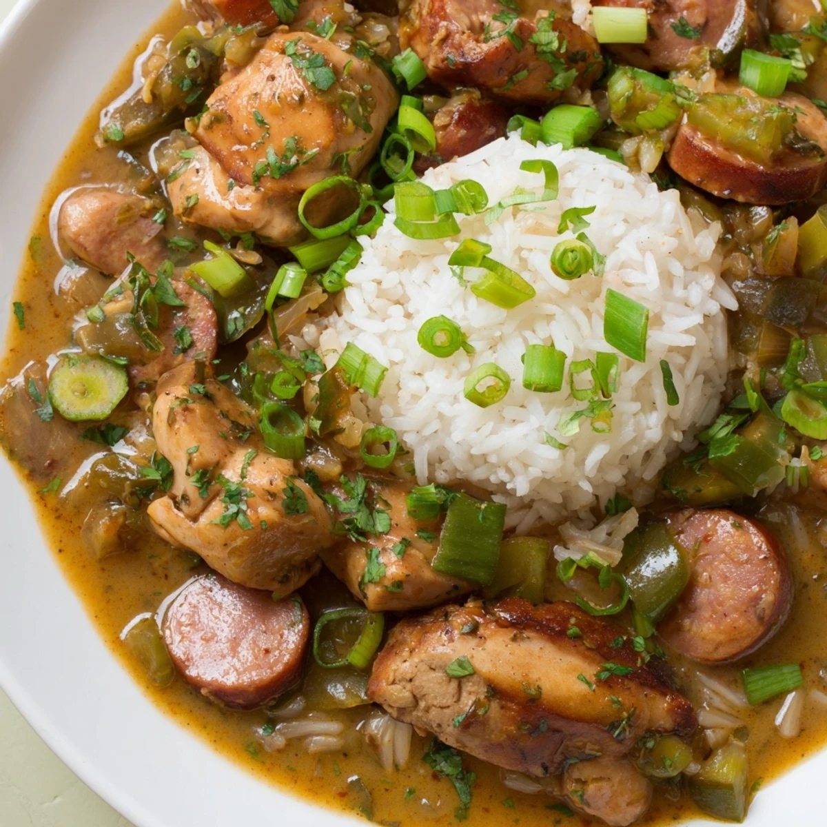 Hearty Gumbo with Turkey Sausage and Chicken in a rustic bowl, ready to enjoy with a dash of hot sauce.