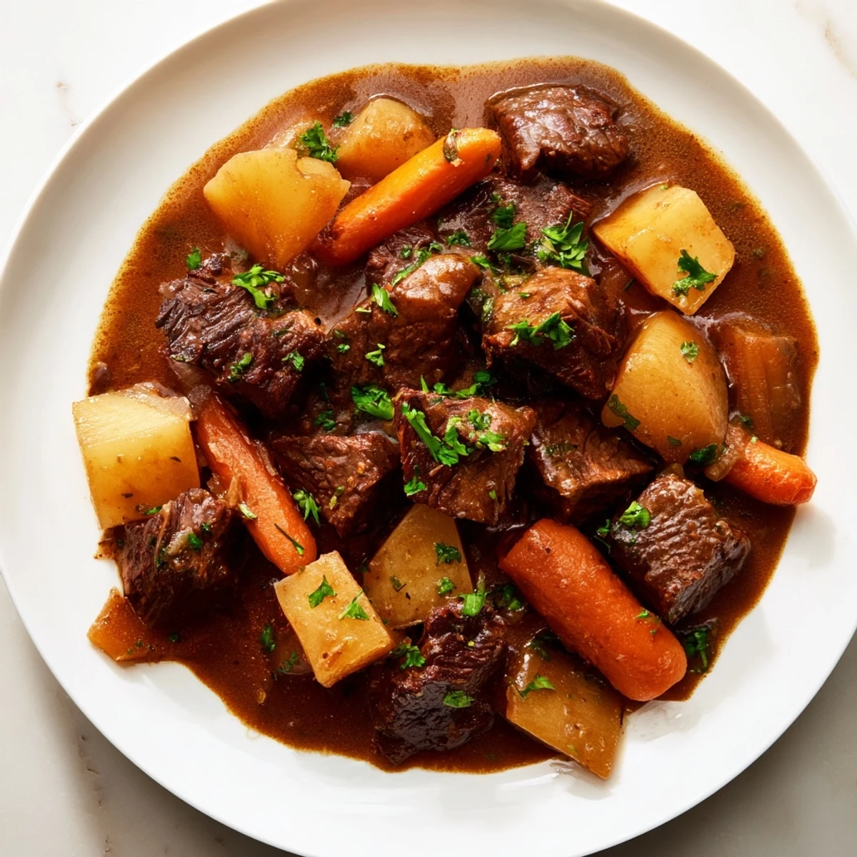 Steaming bowl of Beef Stew with Root Vegetables, featuring tender beef chunks and colorful carrots, potatoes, and parsnips in a rich broth.  