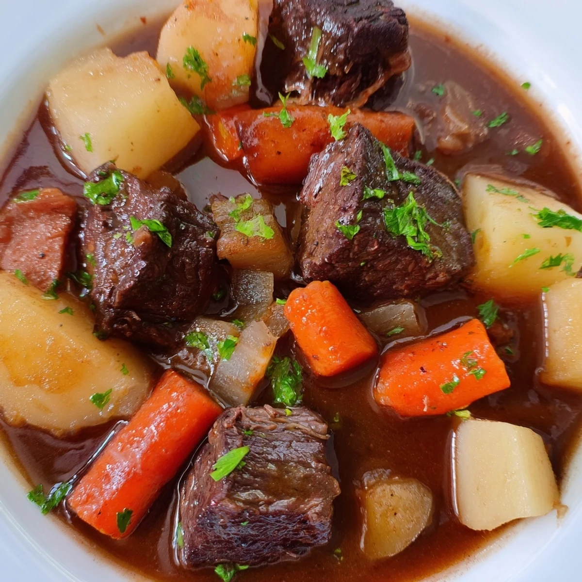 Fork-tender Beef Stew with Root Vegetables served in a rustic Dutch oven, garnished with fresh parsley and a splash of Worcestershire.  