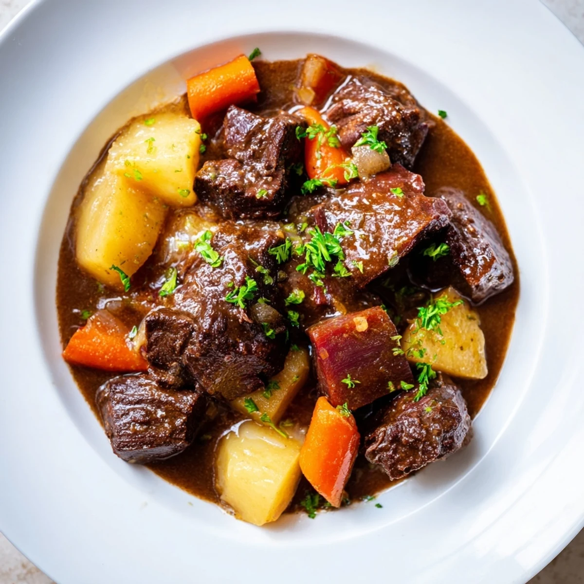 Close-up photo of Beef Stew with Root Vegetables, showing glazed rutabaga and carrots swimming in a savory, wine-infused gravy.