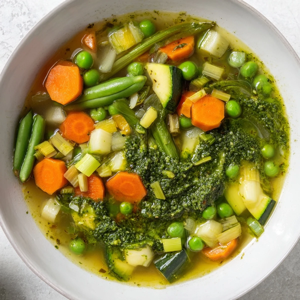 A vibrant bowl of Spring Vegetable Soup with Pesto, featuring tender green beans, asparagus, and fresh spinach in a savory broth.