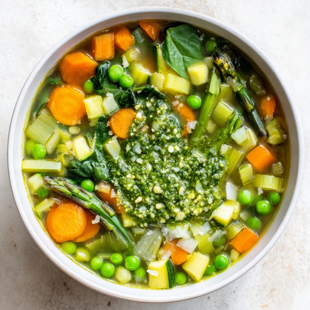 A ladle scoops into Spring Vegetable Soup with Pesto, revealing colorful carrots, zucchini, and peas topped with aromatic herb swirl.